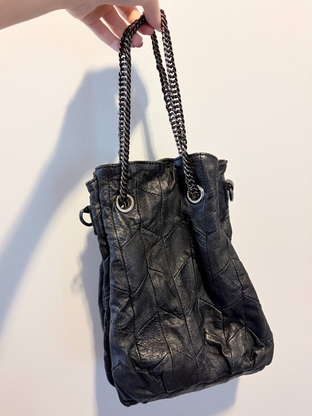 Super Soft Real Lambskin Black Leather Bag with Chain Strap